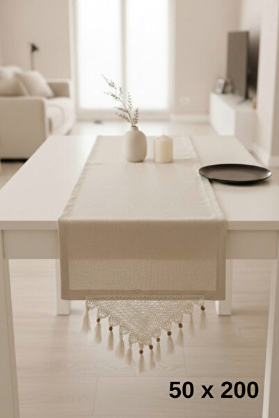 MZN Home 2 Kenar El Dantelli Bej Keten Runner 50x200 cm – %100 Doğal Pamuk