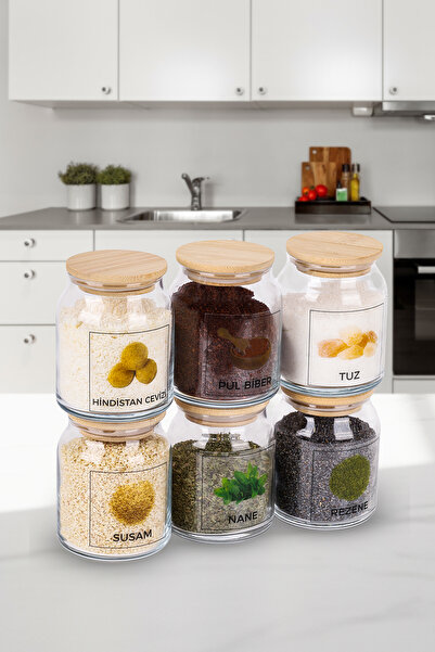 Minya Home طقم 6 قطع من برطمانات التوابل بسعة 300 مل مع غطاء خشبي طبيعي وملصق...