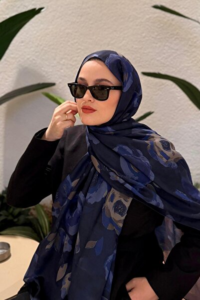 poplin GECE MAVİSİ ÇİÇEKLİ PREMİUM ŞAL