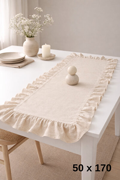 MZN Home 4 Kenar Fırfırlı Bej Keten Runner 50x170 cm – %100 Doğal Pamuk