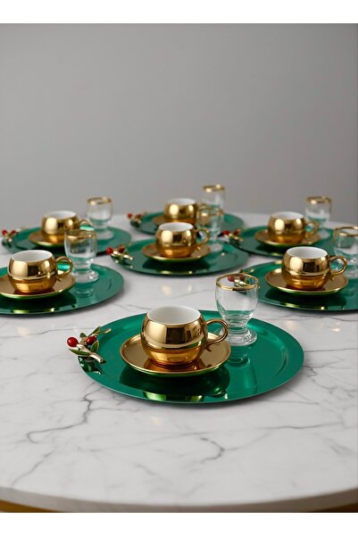 SİNİ Zeytin Dalı Aksesuarlı Paslanmaz Çelik 6 Adet Yuvarlak Lüx Yeşil Kahve, ...