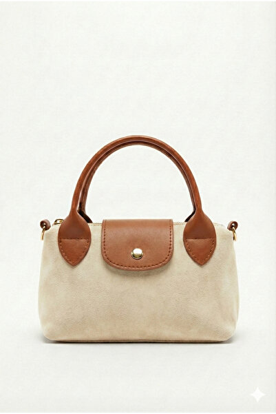 PurpleART Kadın Süet Bej - Taba Mini El ve Omuz Çantası 13X20CM