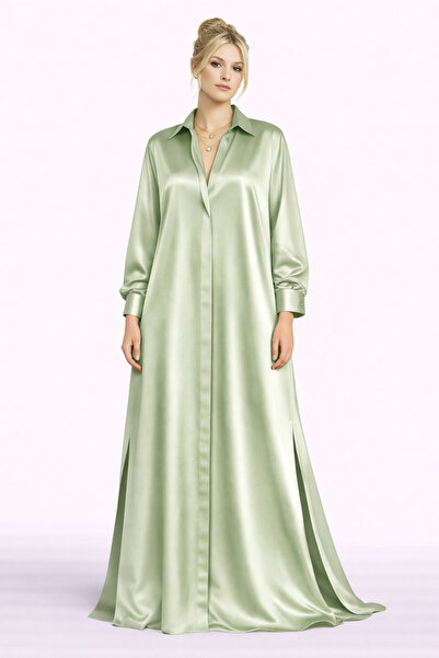 MERT ERKAN A-Line/Oversize Fit Maxi Satin Shirt Dress with Side Slit Detail