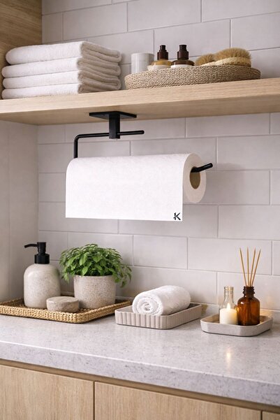 KARTEYA Siyah Rulo Havluluk Peçetelik Yapışkanlı Pratik Banyo Mutfak Askısı Kağıt Rulo Havluluk