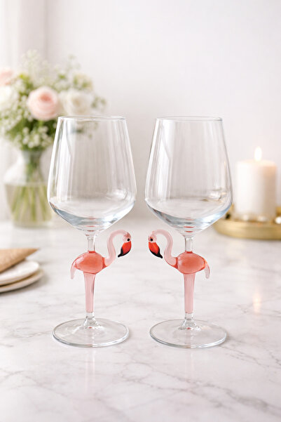 ADAMODART Flamingo Figürlü El Yapımı Cam Şarap Kadehi 2'li Set