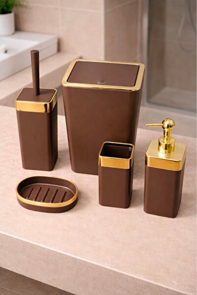 İmera Yüksek Kaliteli Soft Doku Kare Gold Çizgi 5 Parça Banyo Seti (KAHVE)
