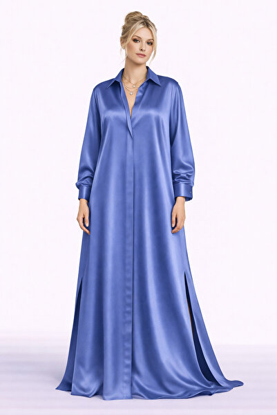 MERT ERKAN فستان قميص طويل من الساتان على شكل حرف A/مقاس كبير مع تفاصيل شقوق ...