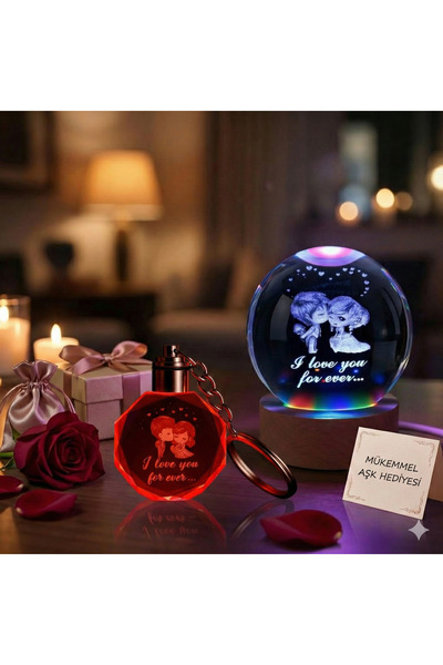 İKONİXPET Sevgililer Günü Işıklı Kristal Cam Küre LED Lamba + Anahtarlık | Ro...