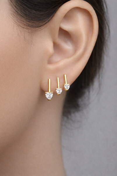 Sacce Scarves&Accessories Kalp Tektaşlı Kare Halka Küpe Seti 3 Parça