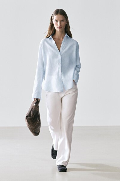 Massimo Dutti Dökümlü %100 keten çizgi desenli gömlek