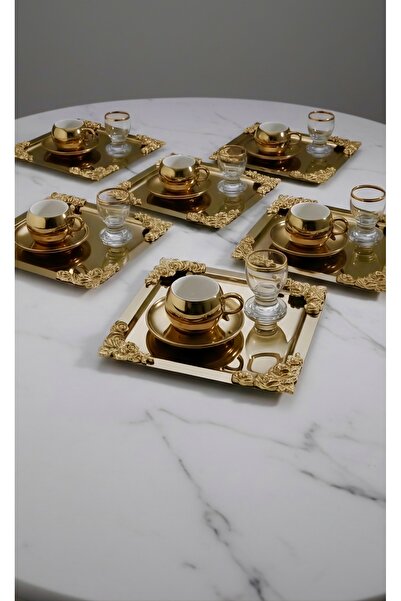 SİNİ Köşe Üçlü Gül Aksesuarlı Paslanmaz Çelik 6 Adet Kare Lüx Gold Kahve, Çay...