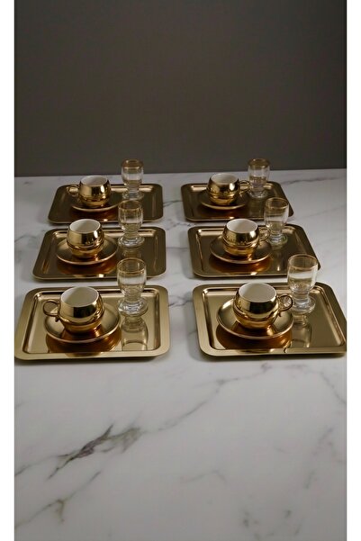 SİNİ Paslanmaz Çelik 6 Adet Kare Düz Gold Sunum Servis Tepsisi