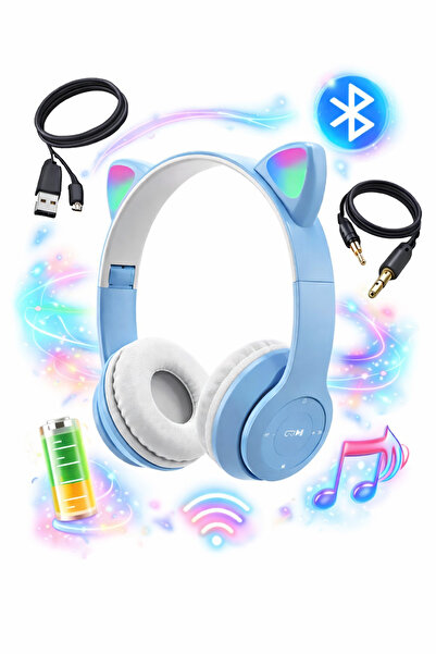 Store Bluetooth Kulaklık Işıklı Kedi Kulaklı Mikrofonlu Mavi