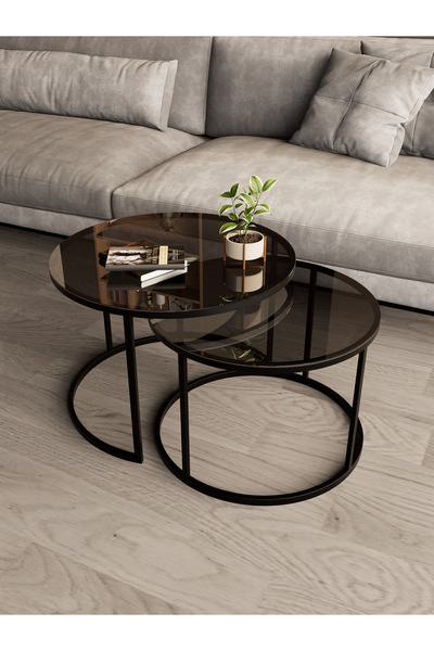 Dekoport Milas Orta Sehpa Füme 60 x 47 cm Siyah Metal - Temperli Füme Cam