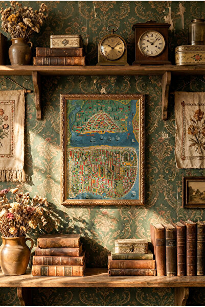 epiqart İstanbul Haritası - Vintage Desenli Çerçeve
