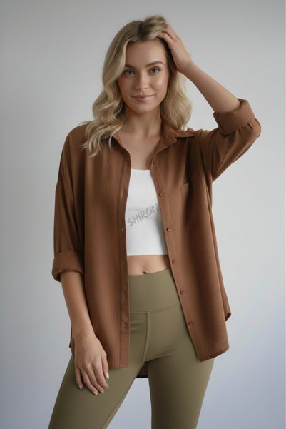 Shiron Sportswear&Company Kadın Kahve Oversize Keten Gömlek %100 Pamuk