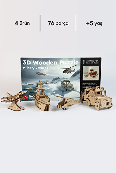 Reboo 4'lü 3D Ahşap Puzzle Askeri Araçlar Boyama Seti Hediyeli Eğitici Oyunca...