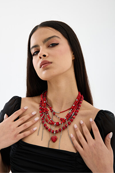 JİMNY JEWELRY Ember Mercan & Hematite Natural Stone Multi Steel Chain Necklace