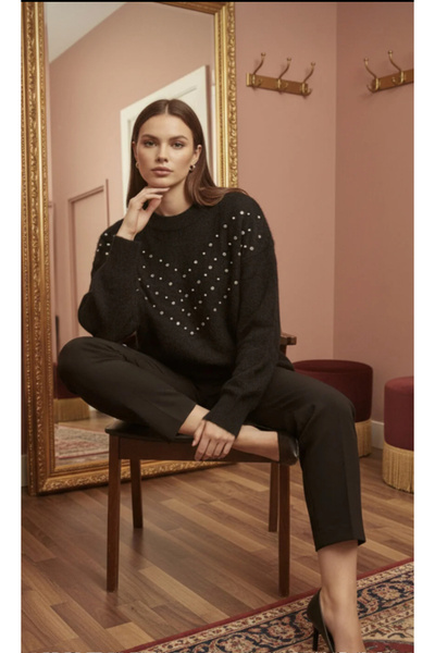 Elchee Pulover negru pentru femei, cu guler tip bicicletă, cu detalii din per...