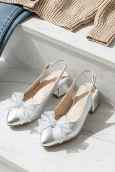 DİVOLYA Feral Bowknot Silver (4 cm înălțime toc) Pantofi de balerină cu toc a...