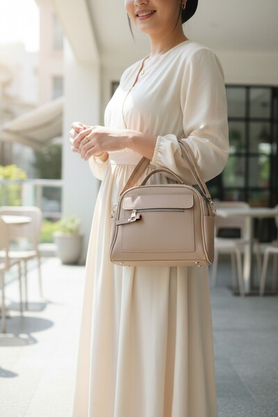 glowfit Women's Beige Kango Model Leather 3 Compartment Adjustable Strap Hand and Shoulder Bag