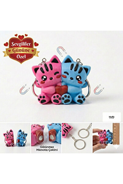 Muffy Stvdio Mıknatıslı Kedi Sevgili & Arkadaş Anahtarlığı - 2’li Set Kalp Fi...