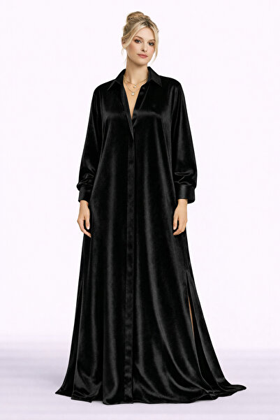 MERT ERKAN Yanlardan Yırtmaç Detaylı A-Form/Oversize Kalıp Maxi Siyah Kadife ...