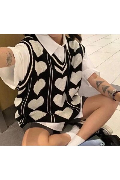 Be Best Women's Black-White Heart Patterned V-Neck Sweater Be362
