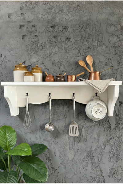 İda Wooden 4 Askılı Duvar Rafı Dekoratif Askılık Çok Amaçlı Terek Beyaz