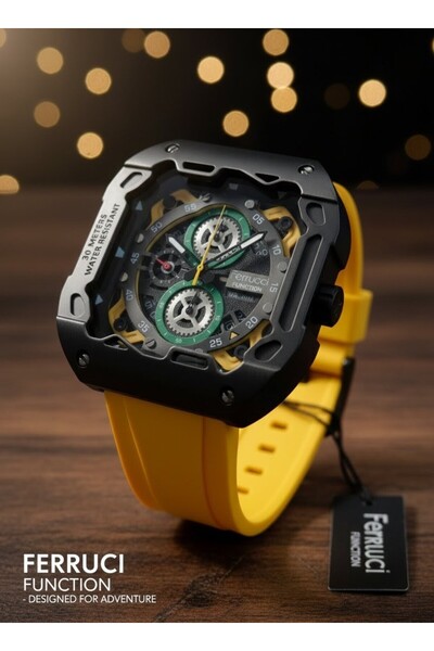 Ferrucci Erkek Kol Saati Fonksiyonlu Sarı Renk Saat Spor Saat Su Geçirmez 30M...