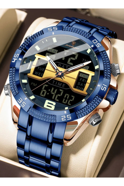 POEDAGAR Metal Case Metal Band Analog and Digital Luxury Sports Men's Wristwatch