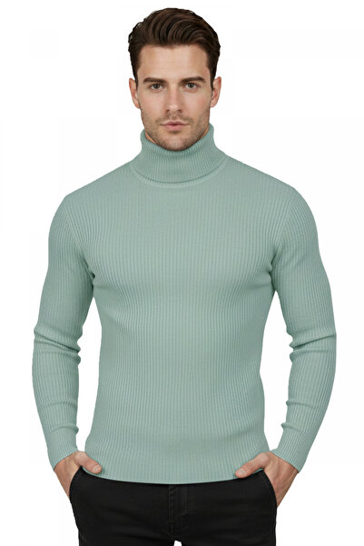 DeepSEA Pulover pentru bărbați, verde apă, subțire, cu gât complet, tricotat,...