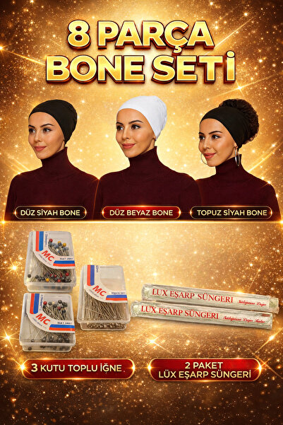 Sinem 8 Parça Miks Düz ve Topuz(Fırfırlı) Kaymayan Bone Seti – Topuz(1), Düz(...