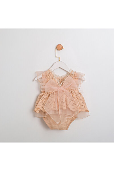 ministok Romantik Arkası Fiyonklu Dantel Ve Boneli Kız Bebek Romper