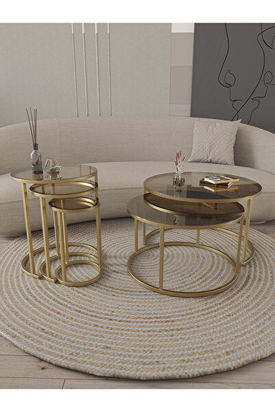 Dekoport Milas Gold (ESKİTME) Orta Ve Zigon Sehpa Seti - Bronz Cam