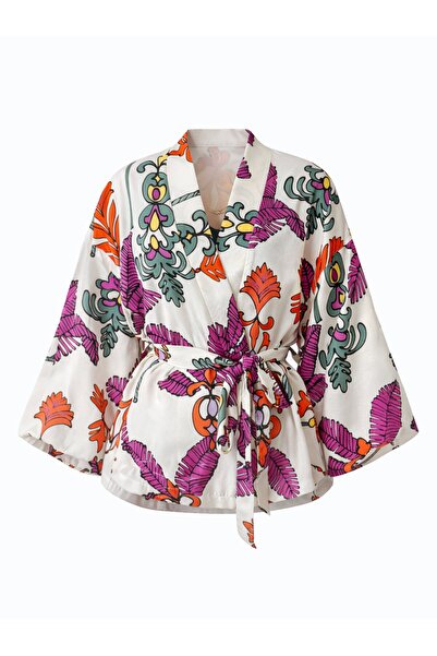 Retrobird Mini Wrap Blouse Kimono Women White Orange