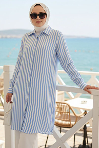 N.S NEVA STYLE Tunica din vascoza Hijab albastru cu dungi 11740M