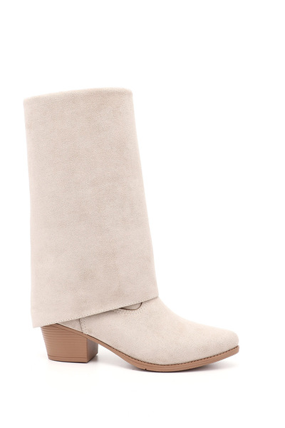 GÖNDERİ(R) Kadın Bej Süet Sivri Burun Kalın Topuklu Kovboy Çizme