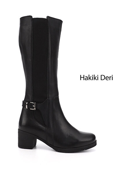 GÖNDERİ(R) Kadın Siyah Fermuarlı Kalın Topuklu Hakiki Deri Çizme
