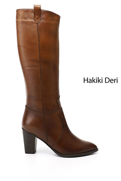 GÖNDERİ(R) Kadın Taba Antik Sivri Burun Kalın Topuklu Hakiki Deri Çizme