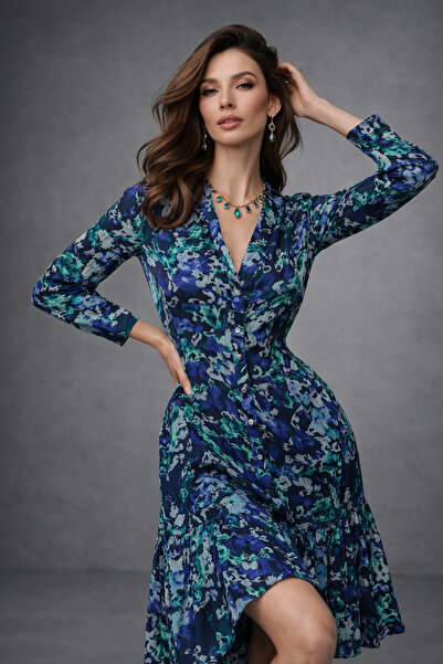 Rich Kadın Desenli Mavi Düğme Kapamalı Elbise