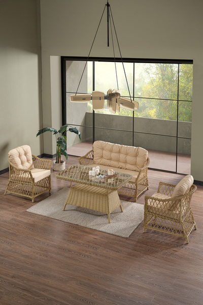 Evdemo Icon Rattan Bahçe Balkon Oturma Takımı 2+1+1+Camlı Masa Cappuccino