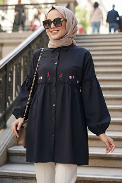 N.S NEVA STYLE Tunica Tesettür cu model brodat albastru închis 40603L