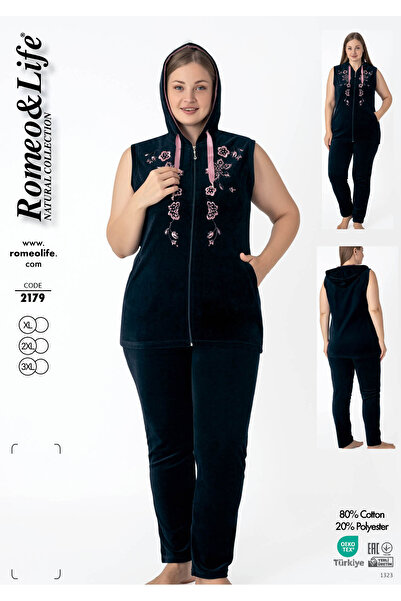 ROMEO LİFE Women's Plus Size Cotton Velvet Hooded Piece Set / Navy-Dusty Rose...