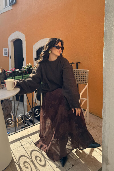 LOCCO Kadın Çiçek Desen Astarlı Şifon Etek Kahverengi