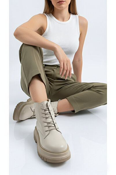 Deripabuc Γνήσιο δέρμα μπεζ Γυναικείες Δερμάτινες Μπότες TRC-216574