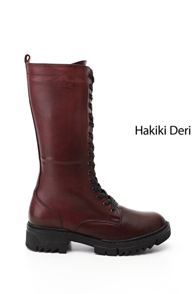 GÖNDERİ(R) Kadın Bordo Fermuarlı Kalın Topuklu Hakiki Deri Postal Çizme