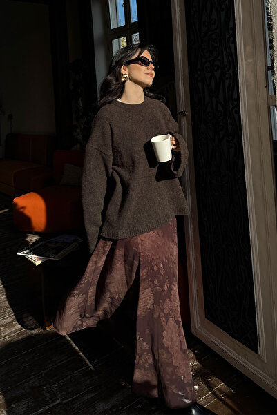 LOCCO Kadın Çiçek Desen Astarlı Şifon Etek Kahverengi