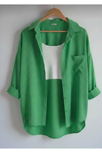blackbonds Kadın Keten yeşil Gömlek Yazlık Oversize Gömlek Yeni Sezon