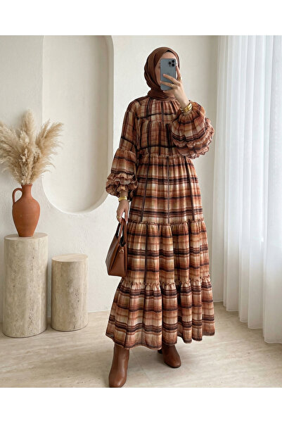 Modamorfo Patterned Dress with Elasticated Sleeves and Tieable Waist, Layered...